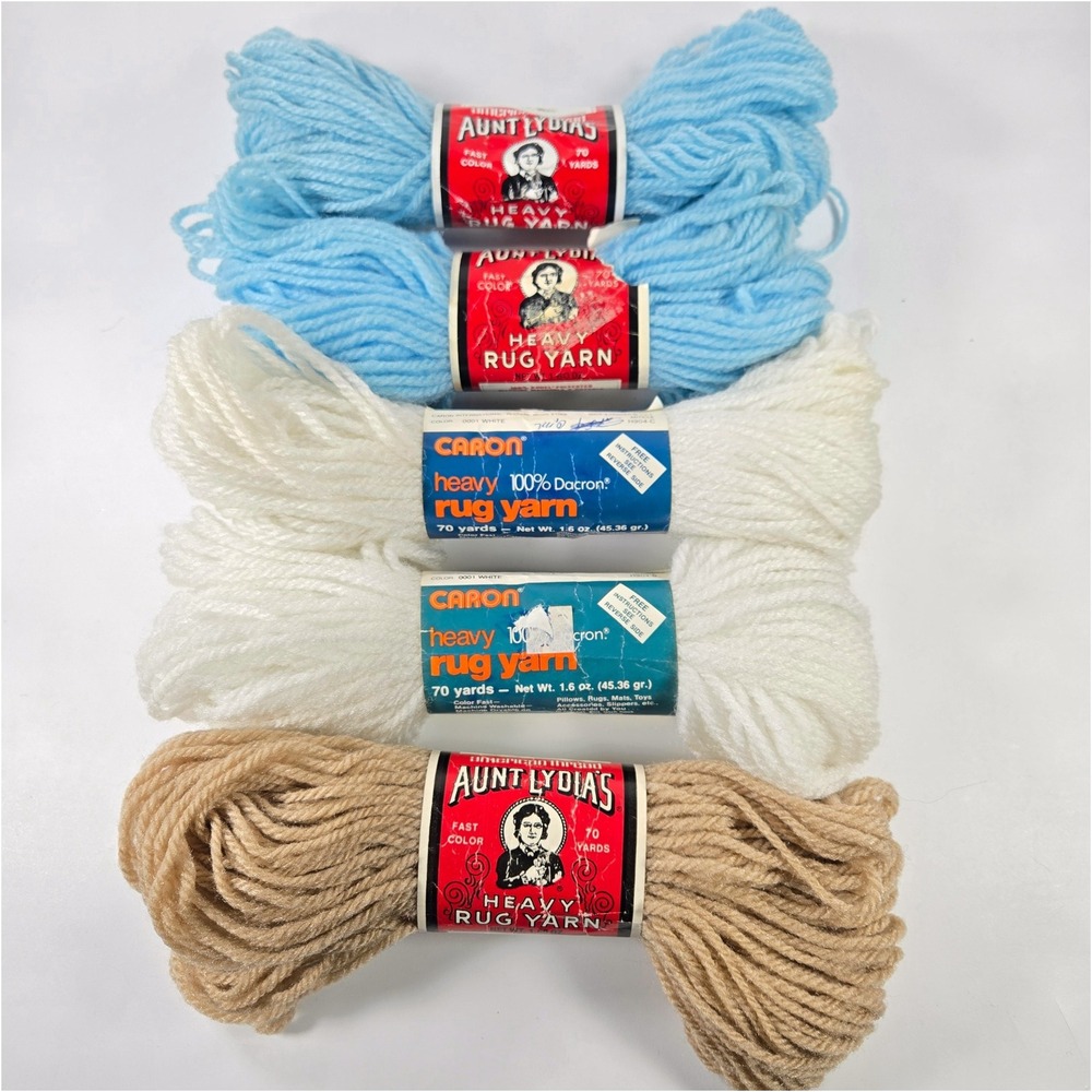 Vintage Aunt Lydia's & Caron Heavy Rug Yarn Lot 5 Skeins Blue White Beige 70yd